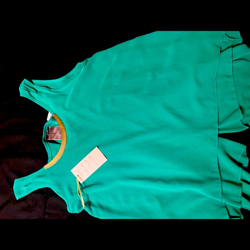 Light green tank with gold necklace trim